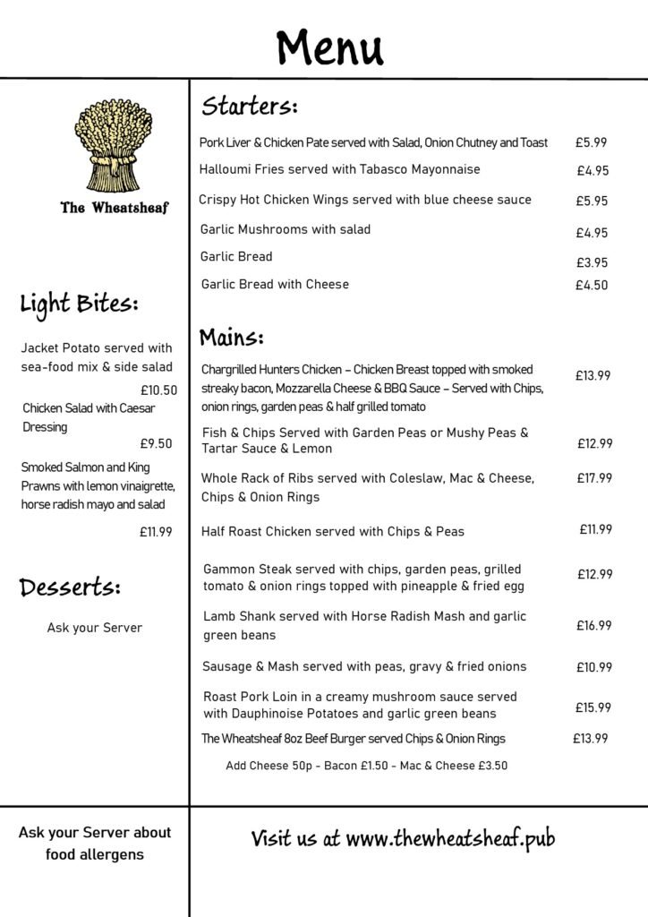 The Wheatsheaf main menu design food pub