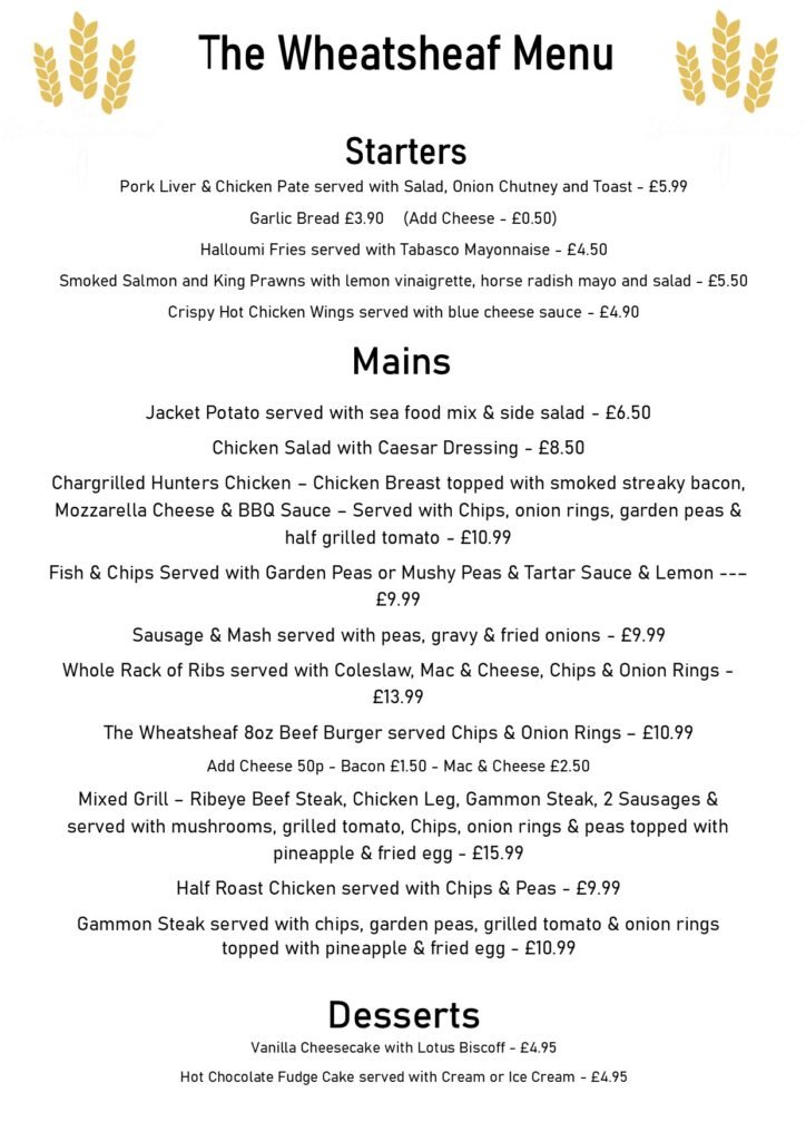 The Wheatsheaf summer menu design seasonal pub