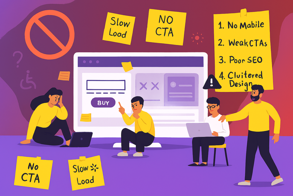 Common website mistakes including slow loading speed, poor SEO, weak calls to action, and cluttered design