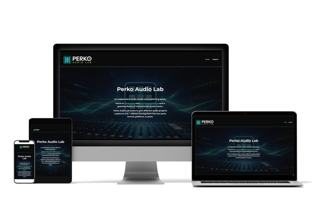 Perko Audio Lab website design displayed across desktop, tablet and mobile devices