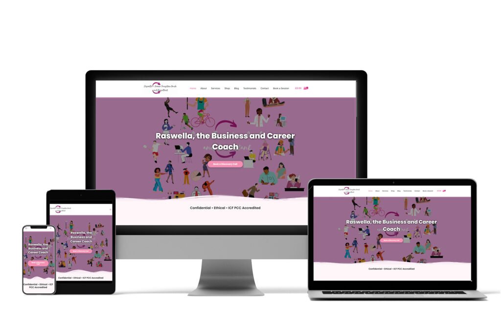 Raswella The Coach website design displayed across desktop, tablet and mobile devices