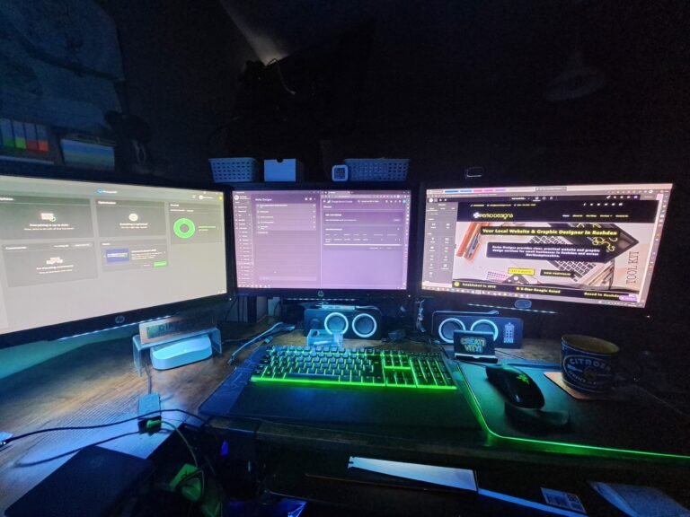Perko Designs workspace with web design and WordPress projects across three monitors